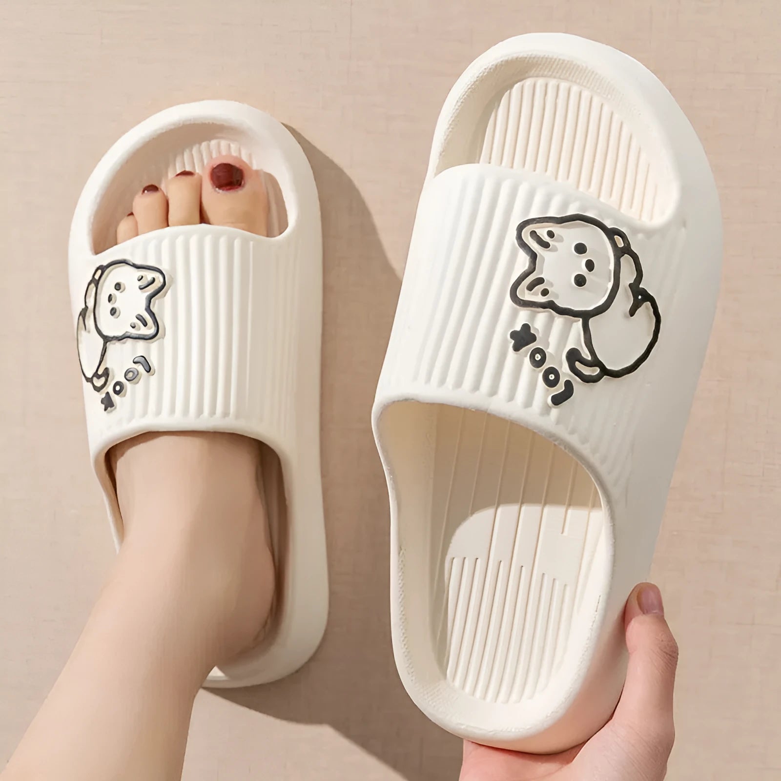 Women's green cat slippers with thick EVA platform sole, shown from above.