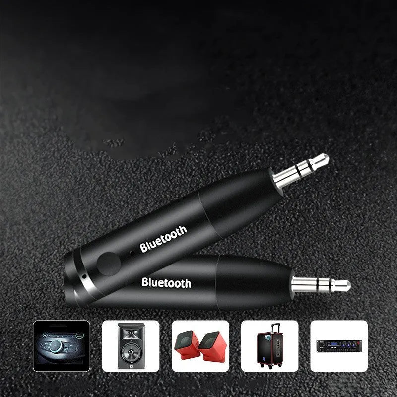 Black Bluetooth audio receiver with 3.5mm AUX connector for car and home stereo systems
