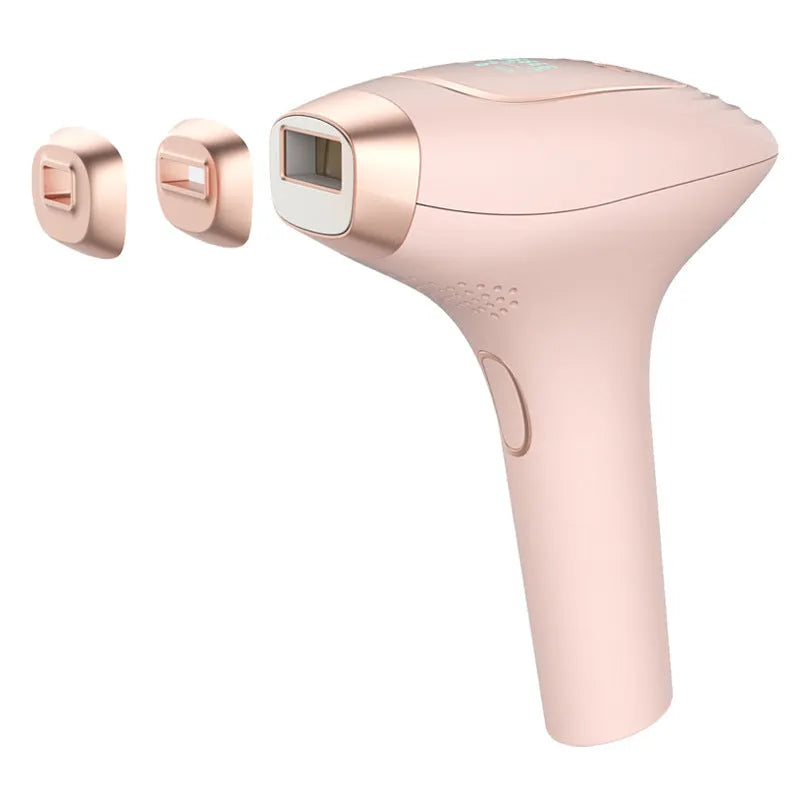 Pink and white three-in-one ice-sensing laser hair removal device with glasses and shaver
