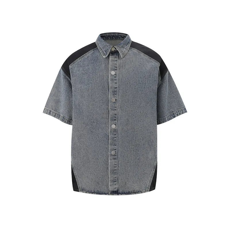 Retro washed denim short-sleeved jacket and trousers suit in blue or black