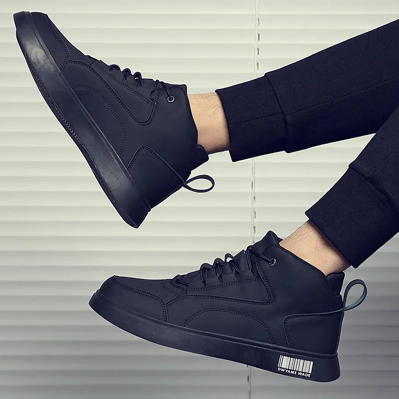 Men's white mid-top lace-up casual trainers with round toe and rubber sole.
