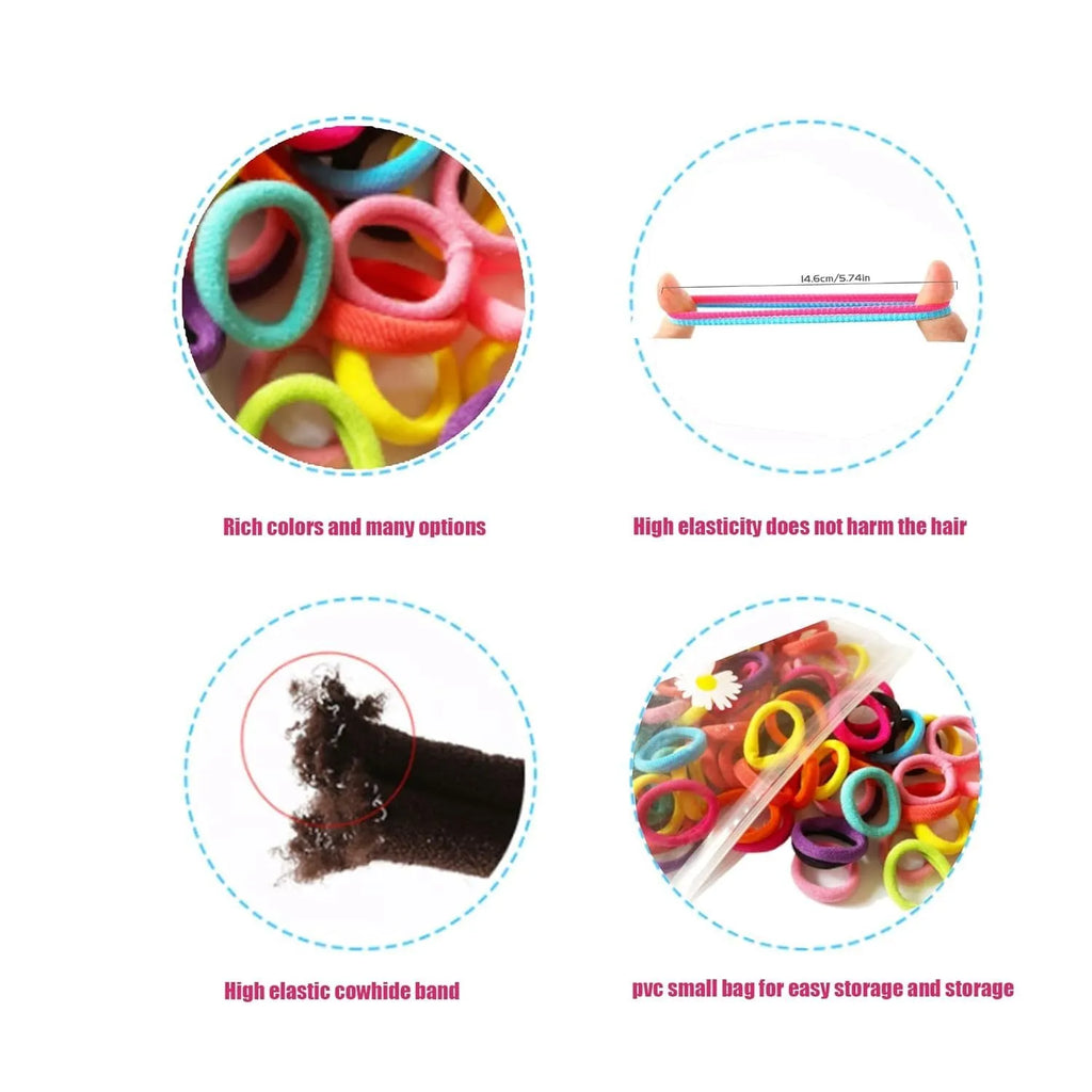Pack of 100 multicolour seamless cotton baby hair ties for toddlers displayed in a jar