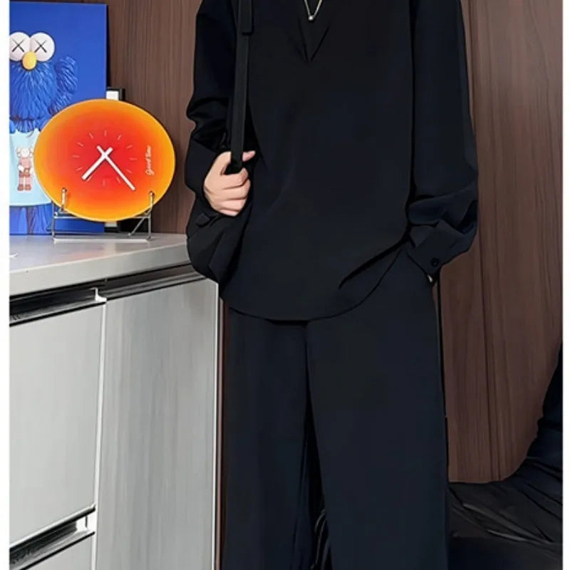 Men's black long sleeve polo shirt and trousers two-piece casual suit on hanger