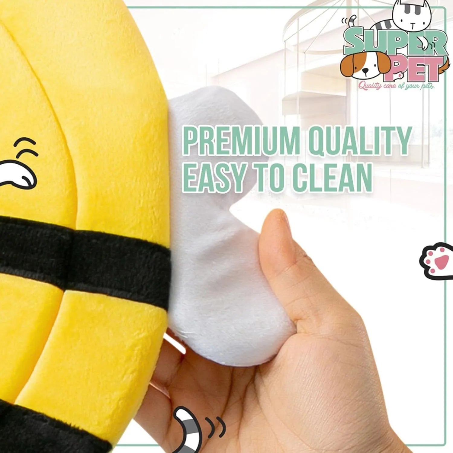 Soft white cat cone collar with black bee design and yellow wings, showing Velcro closure strap.