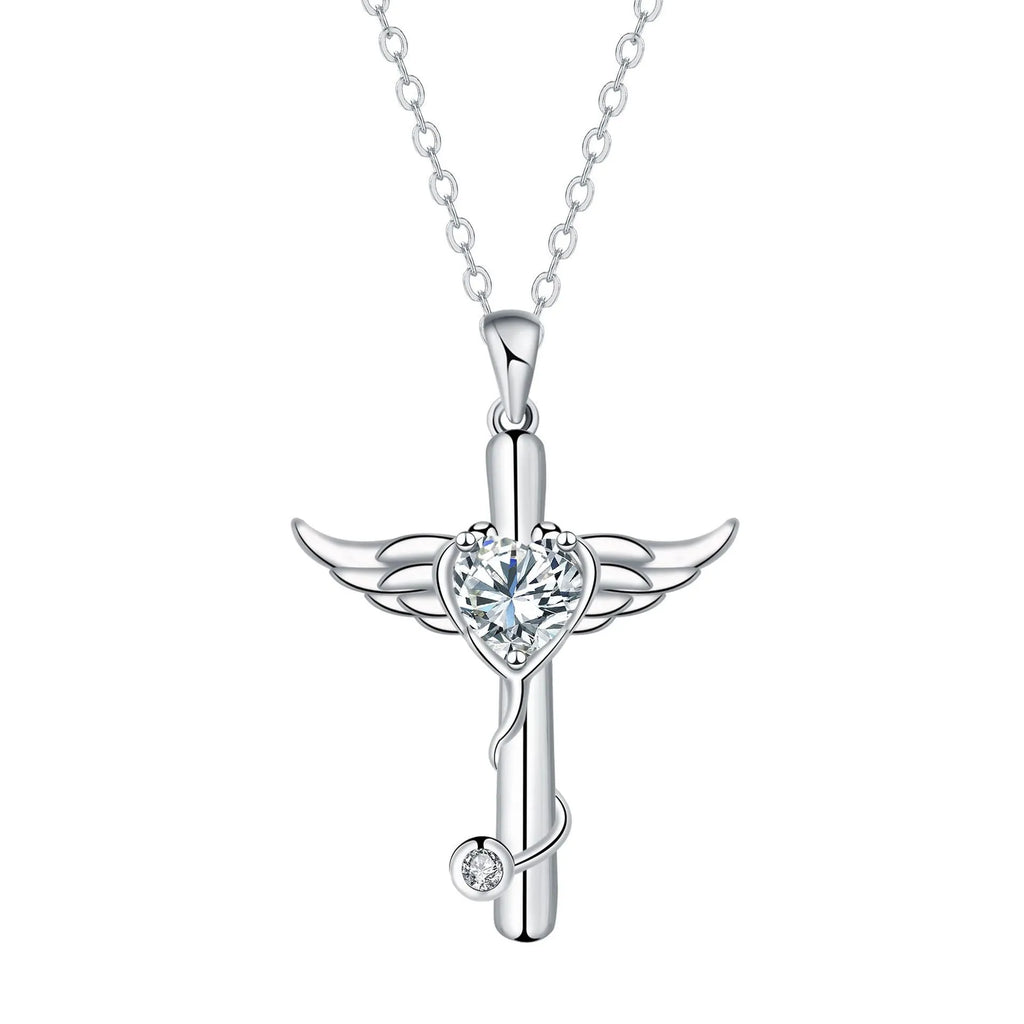 Wings cross stethoscope pendant necklace in electroplated copper with diamond finish options
