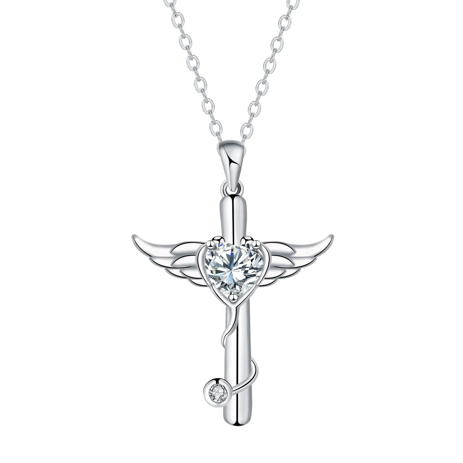 Wings cross stethoscope pendant necklace in electroplated copper with diamond finish options