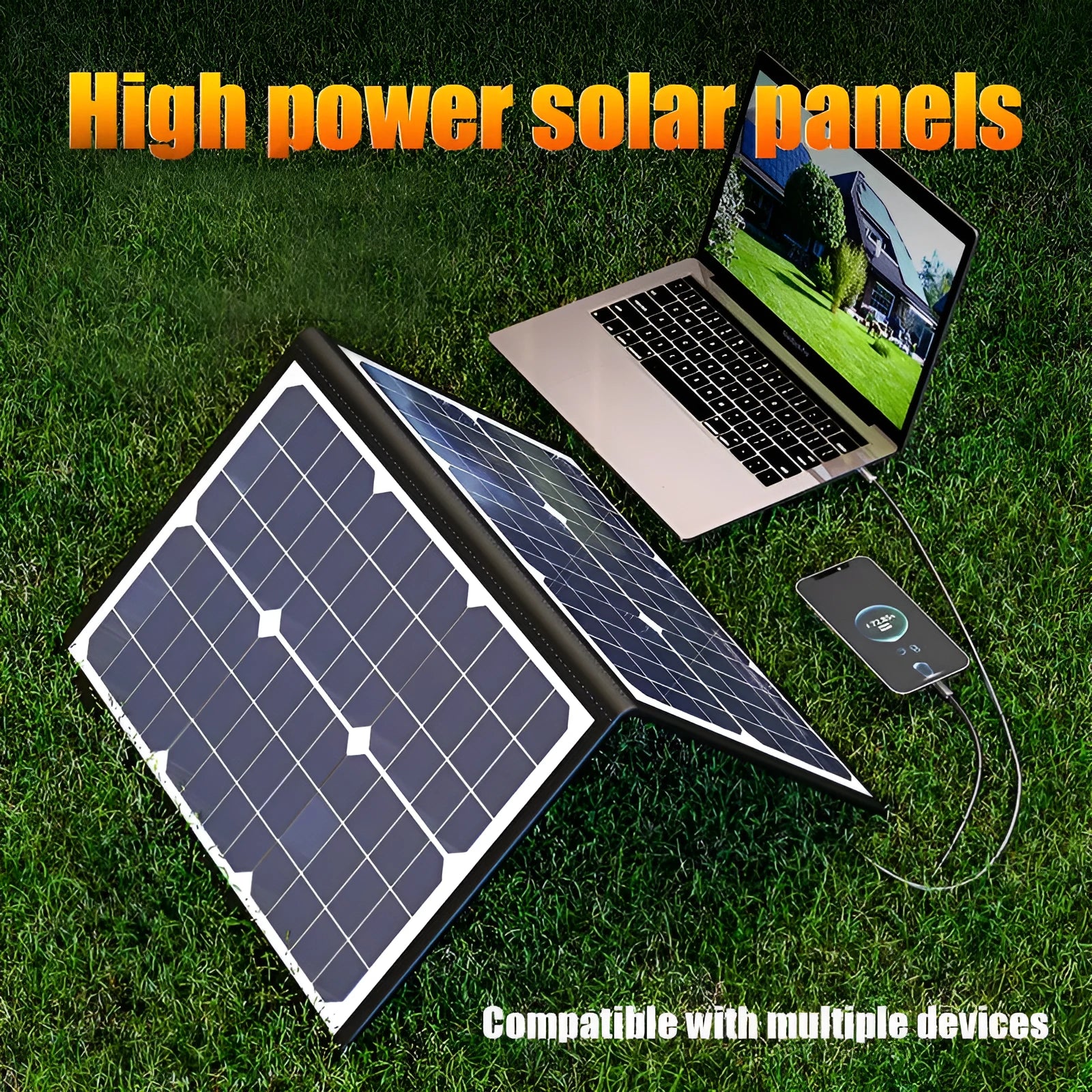 Black 40W monocrystalline solar panel in folded bag design showing compact 425mm by 285mm dimensions
