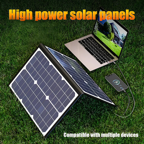 Black 40W monocrystalline solar panel in folded bag design showing compact 425mm by 285mm dimensions