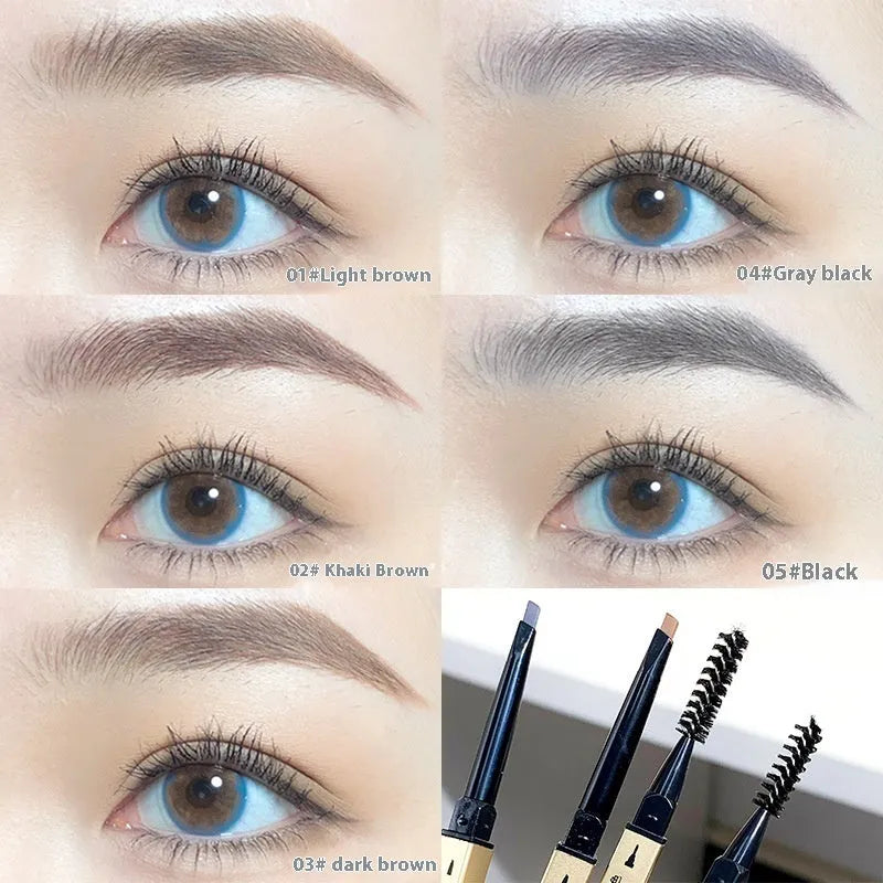 Small Gold ultra-fine tip eyebrow pencil in five colour shades: light brown, kaki brown, dark brown, grey black, and black.