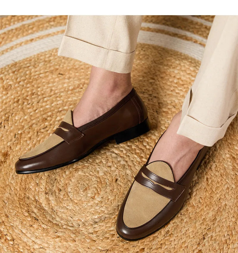 Brown suede leather loafers with high-gloss finish and stitched construction