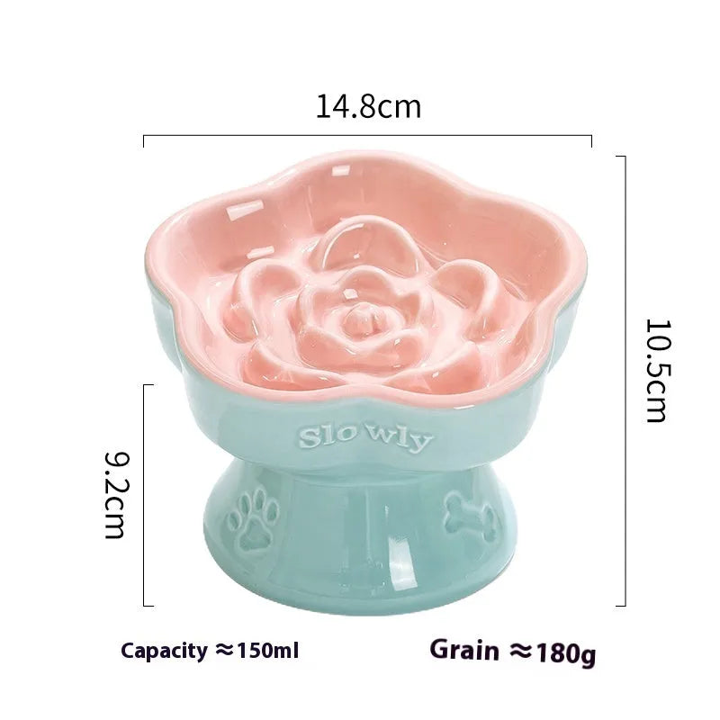 Black ceramic pet bowl with high foot and neck protector for dogs and cats