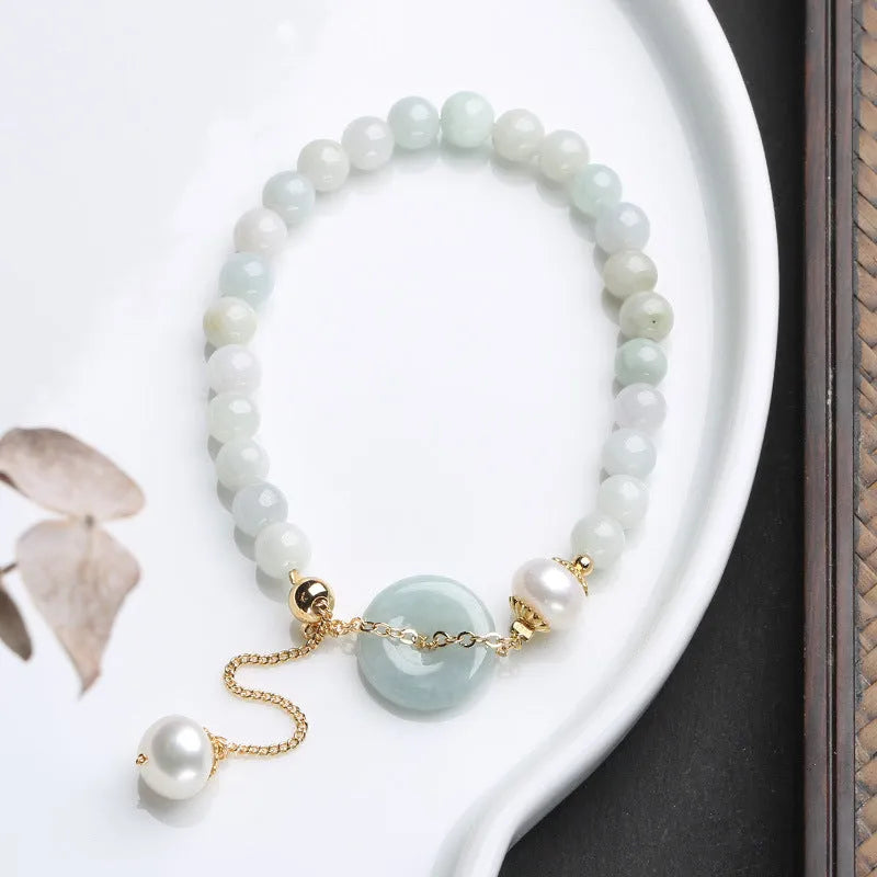 Women's jade pearl bracelet with natural emerald peace buckle and geometric national style design