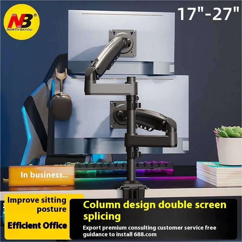 Dual computer monitor desk mount bracket in aluminium alloy with mechanical lifting arms