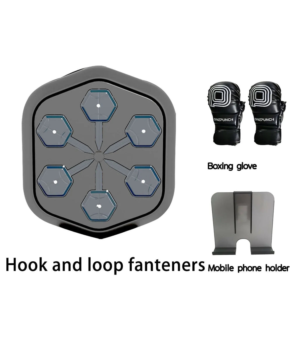 Black smart music boxing machine with Bluetooth connectivity and included boxing gloves