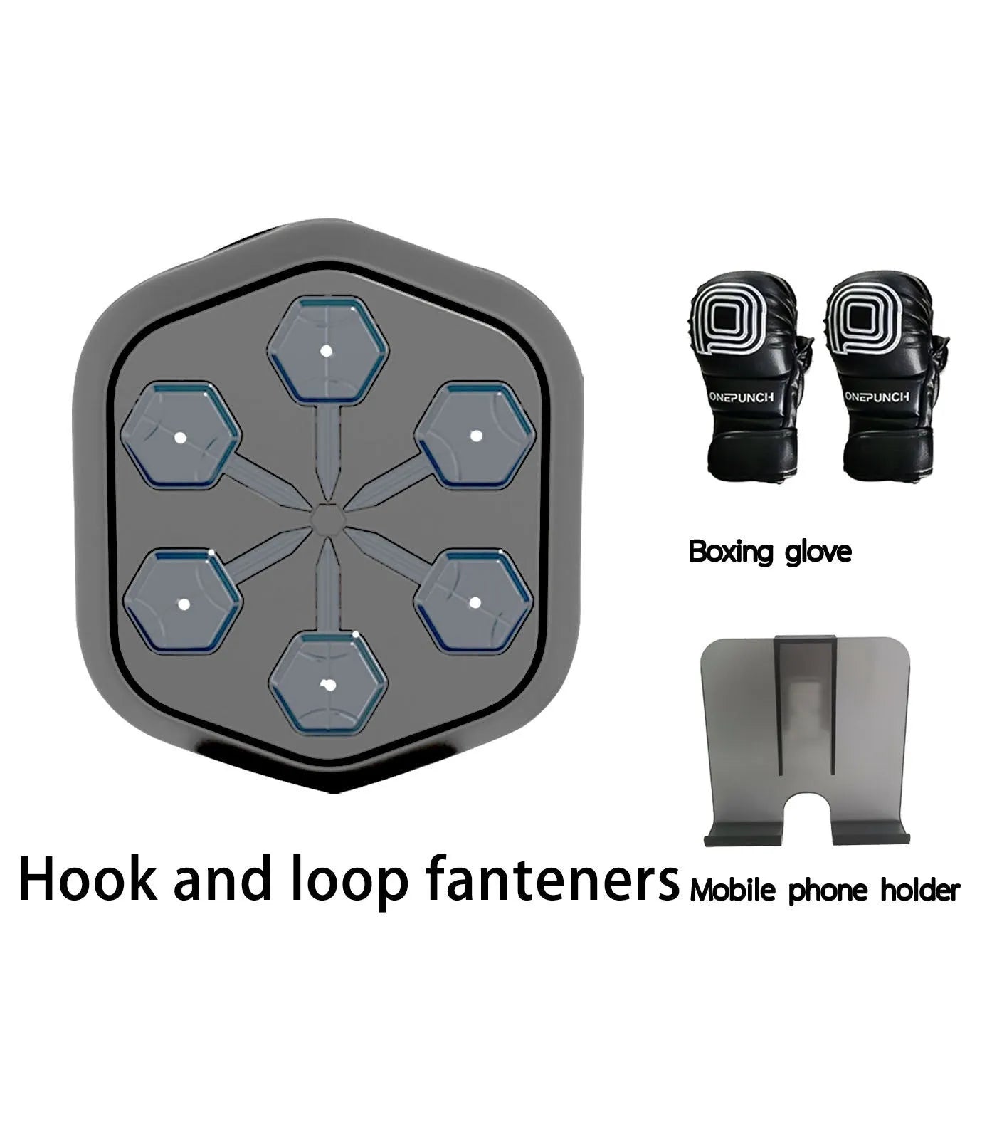 Black smart music boxing machine with Bluetooth connectivity and included boxing gloves