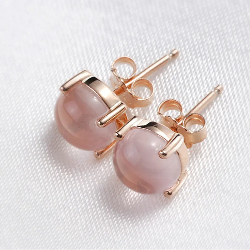 Rose gold drop stud earrings with synthetic ross quartz stone, Korean minimalist style