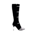 Grey and black women's knee-high high-heel boots with a thin 9cm heel and velvet lining.