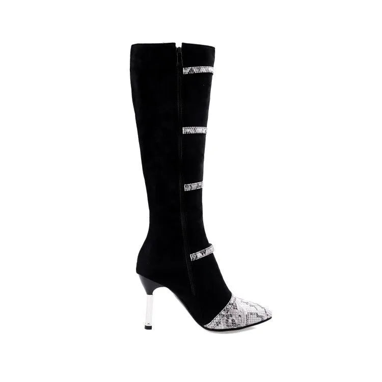 Grey and black women's knee-high high-heel boots with a thin 9cm heel and velvet lining.