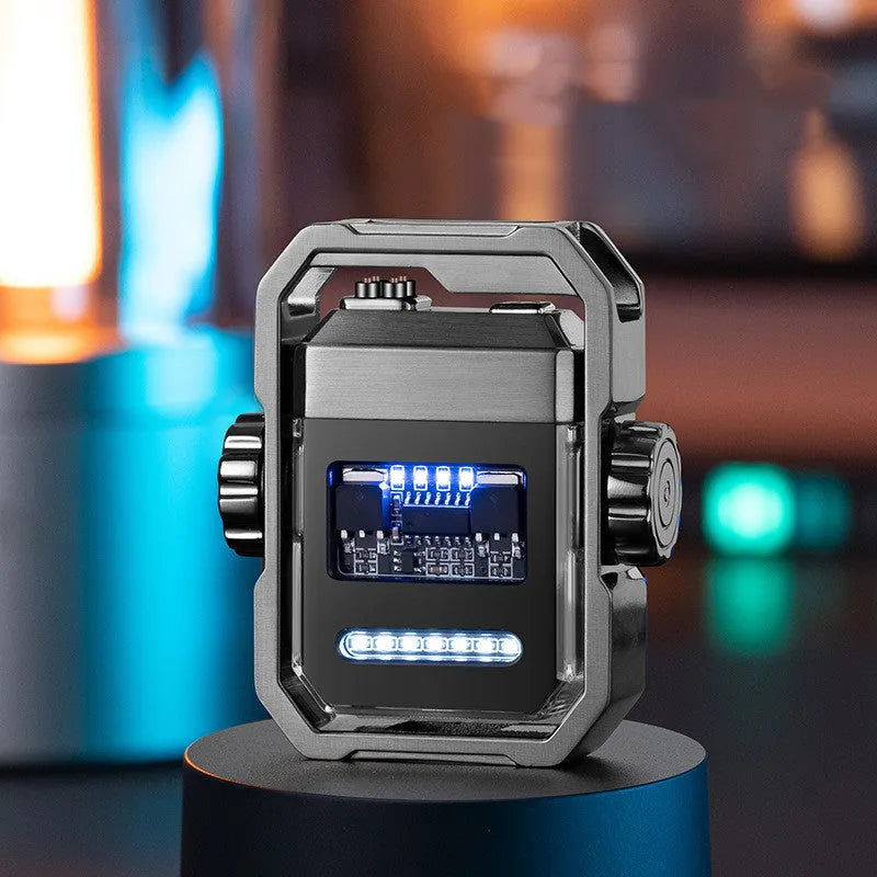 Blue Pulse double arc windproof electric lighter with mechanical gyroscope and USB Type-C charging port.
