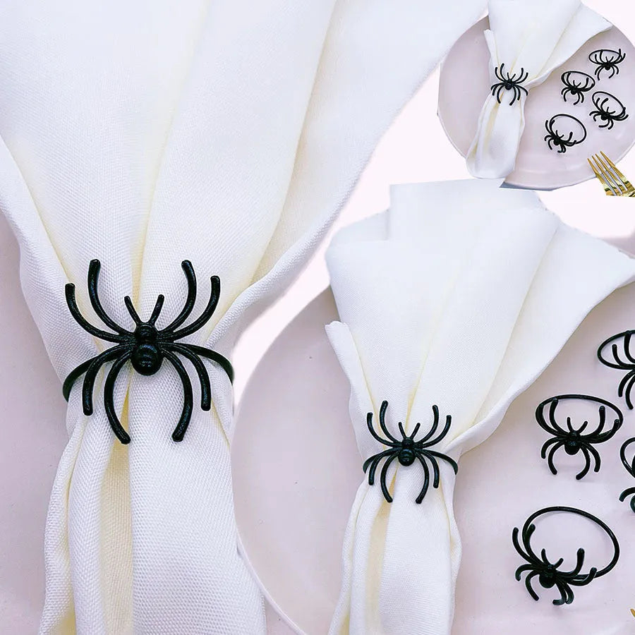 Six black spider alloy napkin rings for Halloween table decoration with electroplated finish