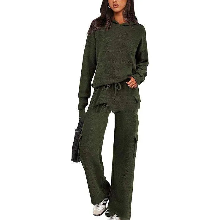 Women's long sleeve leisure sport suit top and trousers set in polyester fabric.