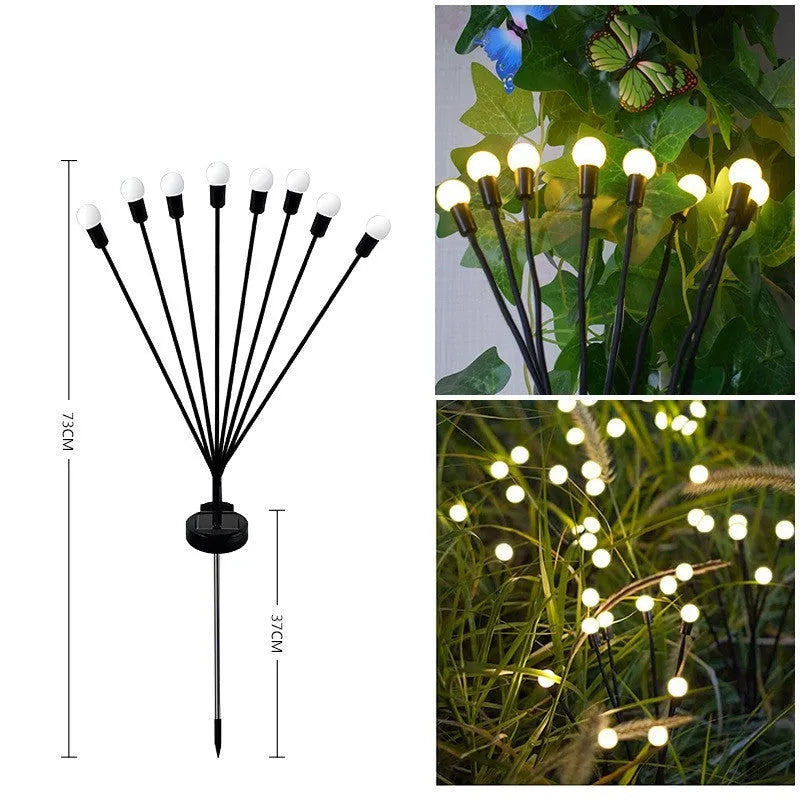 Solar-powered LED garden ground light with multiple light heads and a stainless steel spike for installation.