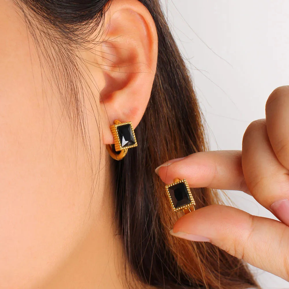 Square zircon geometric earrings in stainless steel with round ring elements