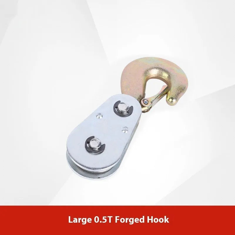 Red forged steel industrial lifting pulley with a safety latch on the hook