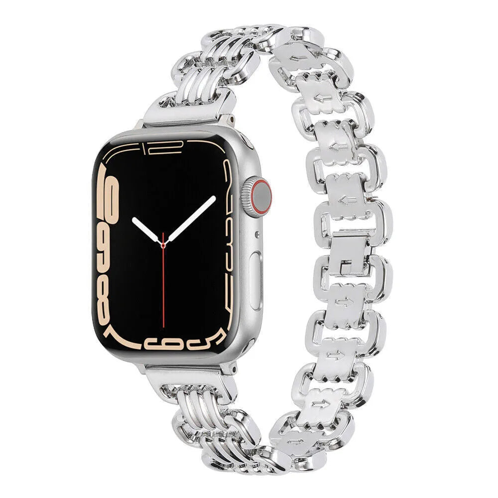 Alloy metal Apple Watch band in rose gold on a wrist, showing the connection to a watch case.