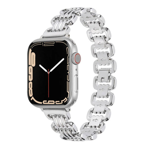 Alloy metal Apple Watch band in rose gold on a wrist, showing the connection to a watch case.