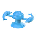 Blue rubber windmill cat toy on floor showing spinning mechanism and 15 cm size