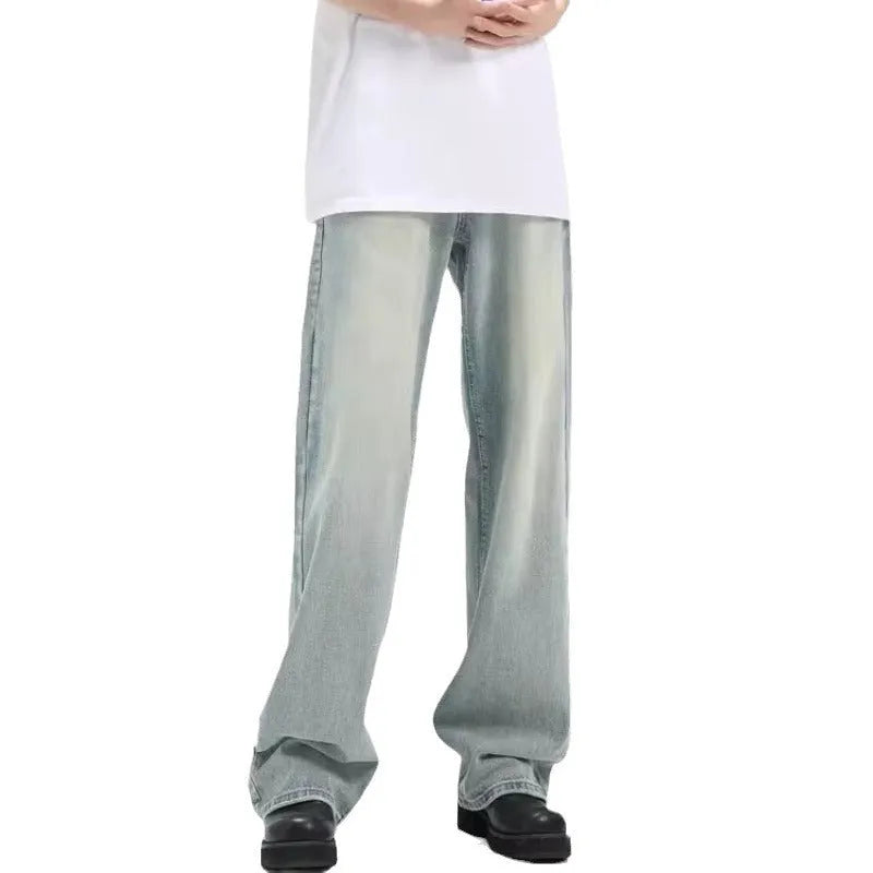 Blue retro casual trousers made from rabbit fur fabric with loose fit and high elasticity