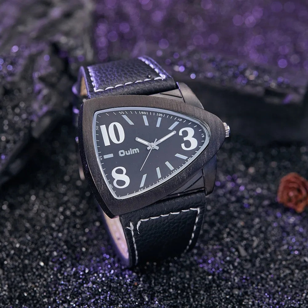 Men's casual watch with a distinctive triangular belt strap and a slim 9mm case, shown in brown colour.