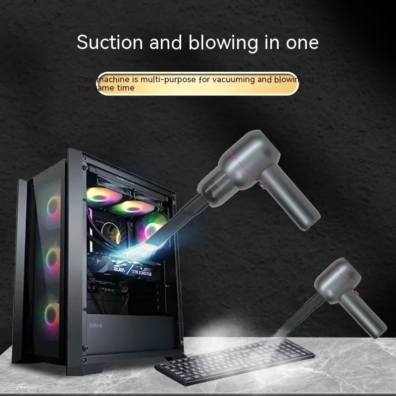 Grey handheld portable car cleaner with rechargeable battery, dust bin, and suction nozzles