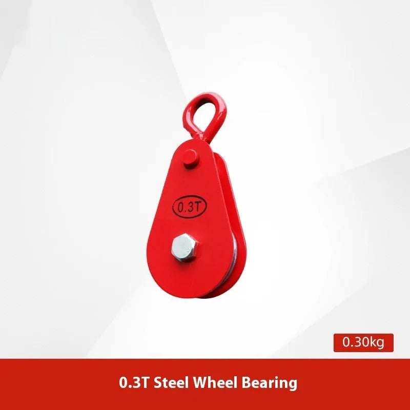 Red forged steel industrial lifting pulley with a safety latch on the hook