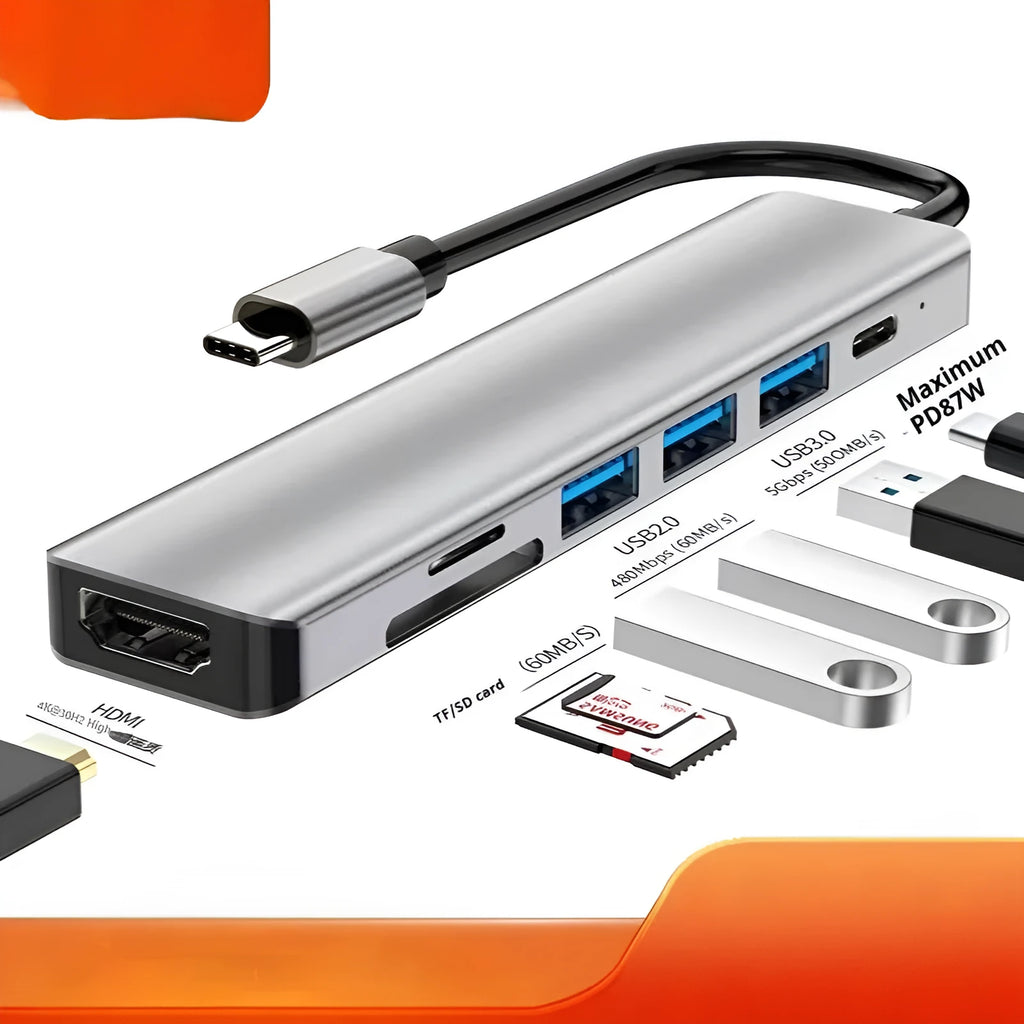 Type-C 7-in-1 expansion dock with HDMI port, USB 3.0 ports, and a 15cm black connecting cable.