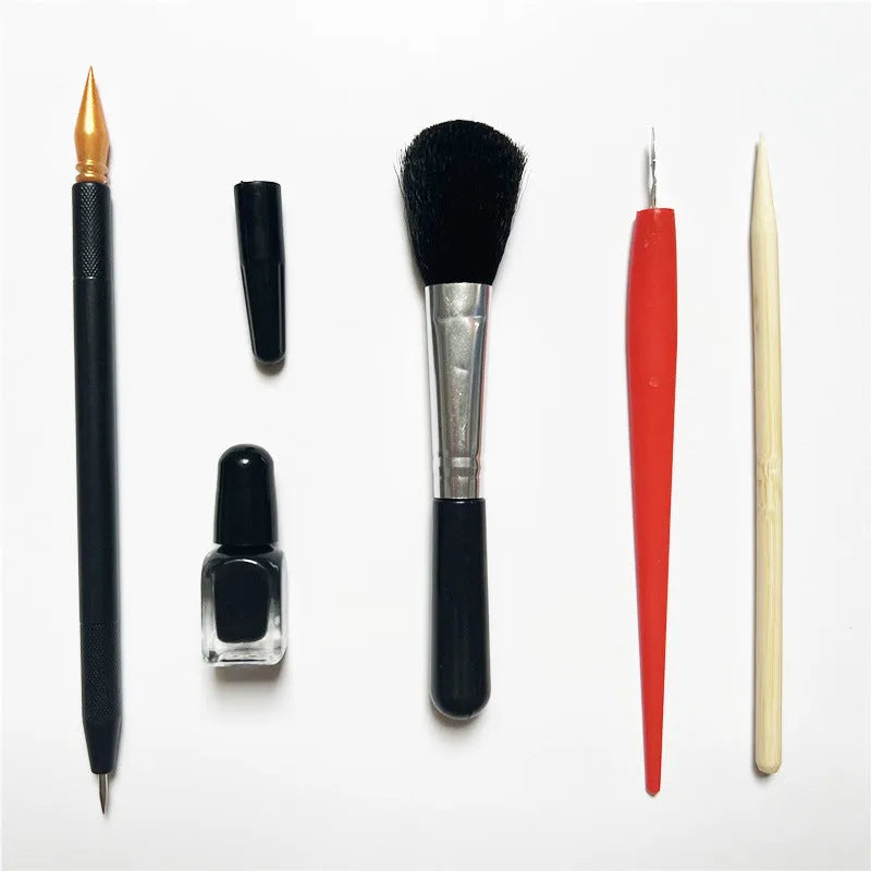 Scratching tool set with scraper pen, brushes, repair solution and bamboo sticks for scratch painting