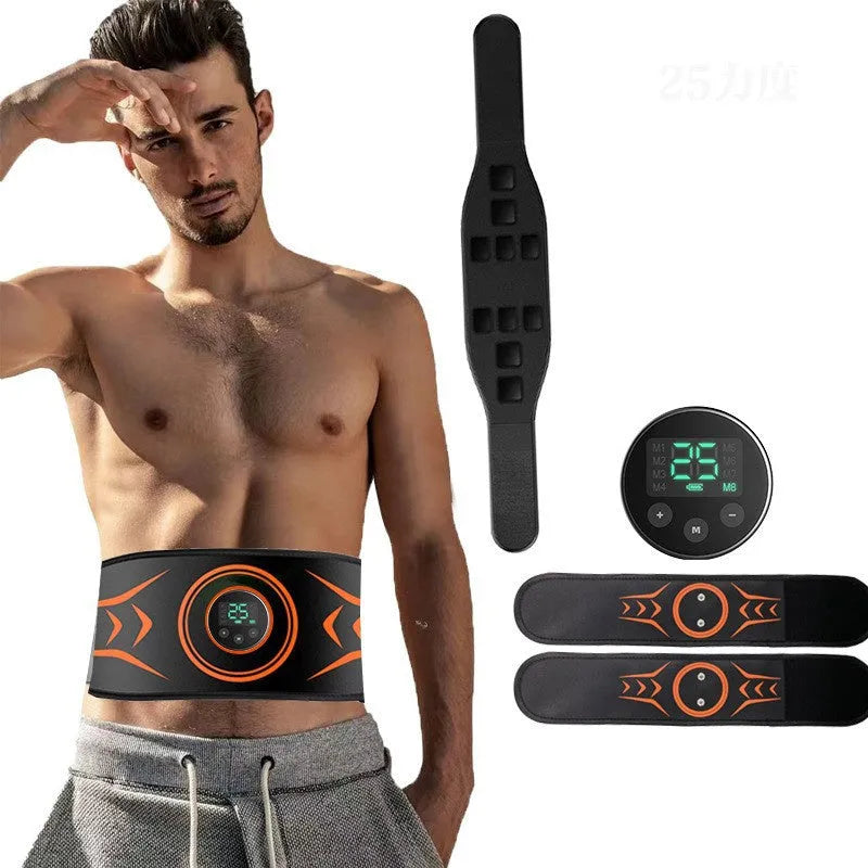 EMS massage belt with abdominal stickers, rechargeable host, and timing function for lazy muscle strengthening