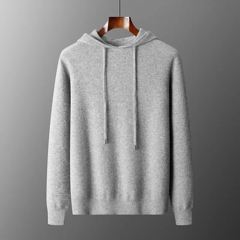 Men's light gray hooded cashmere sweatshirt and matching trousers laid flat as a set.
