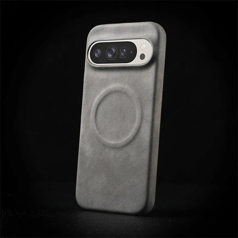 Magnetic lambskin phone case for Google Pixel, anti-fall back cover in black with soft skin feeling finish