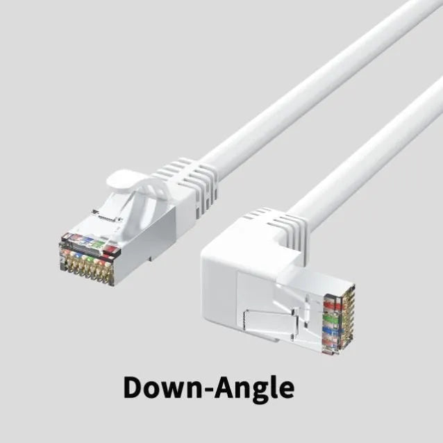 Cat6 Ethernet cable with angled RJ45 connectors in various colours and lengths on a grey background