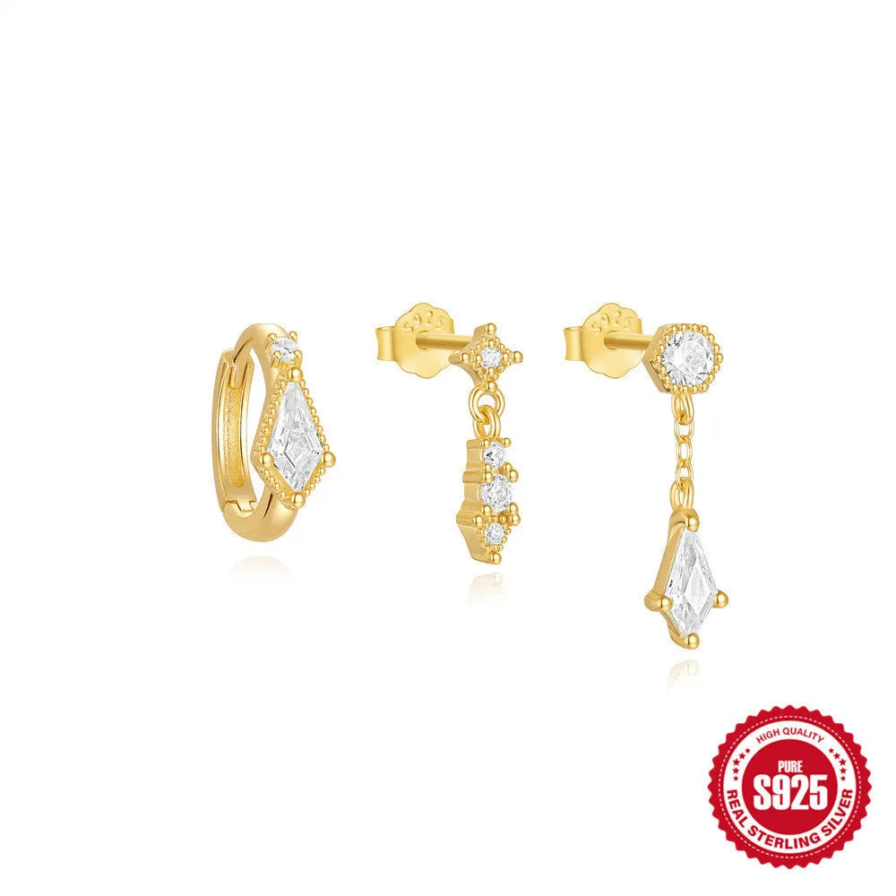 S925 sterling silver geometric zircon tassel earrings for women in gold colours