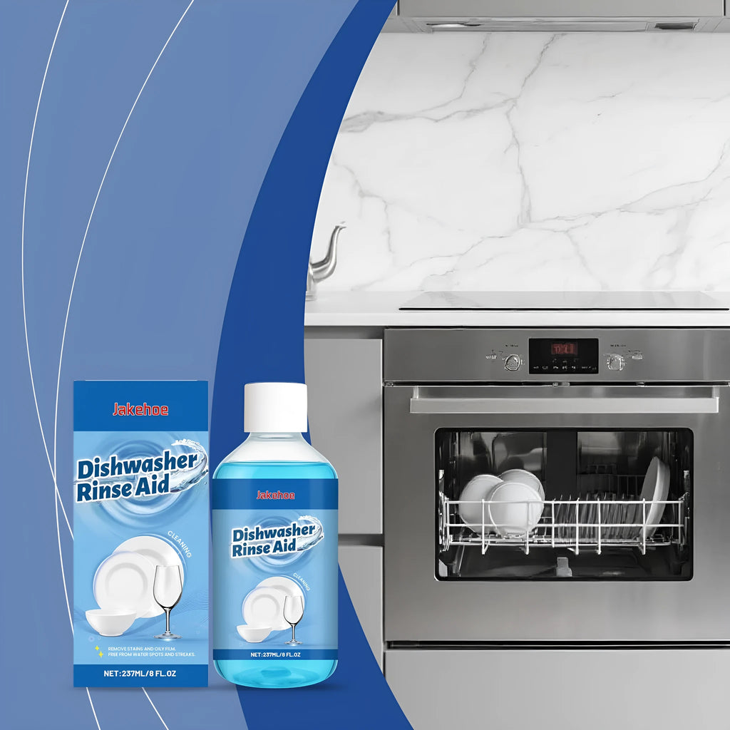 237mL bottle of concentrated dishwasher detergent for stain and oil removal on kitchenware.