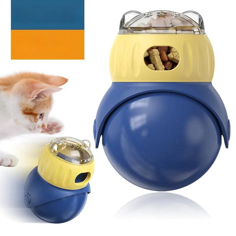 Yellow and blue owl-shaped cat food puzzle tumbler feeder with adjustable leakage mechanism