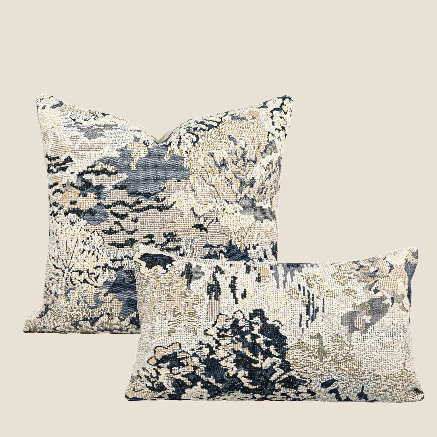 Antique blue square decorative cushion with abstract Chinese style floral pattern and wool blend fabric.