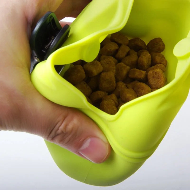 A silicone dog training treat pouch with a clip, shown in one of six available colours.