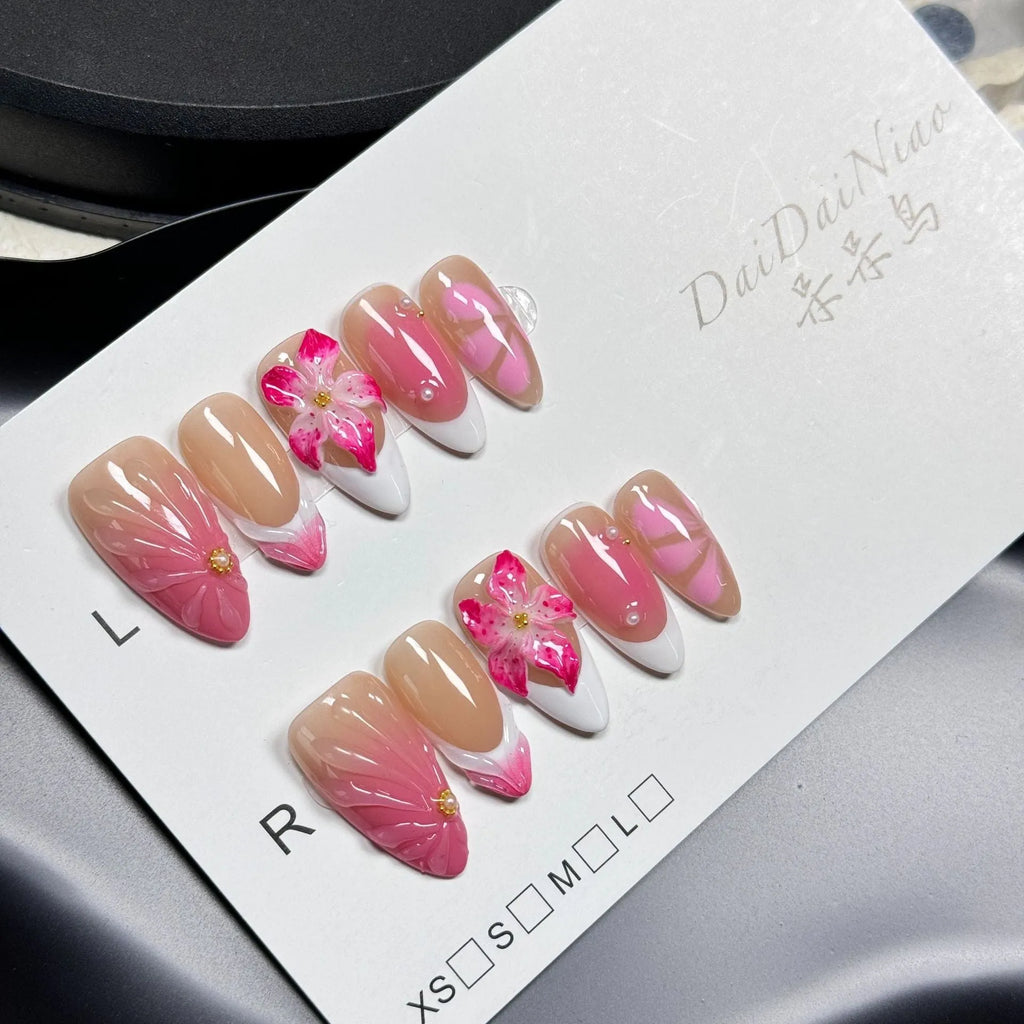 French style lily fluid ice flower three-dimensional plastic nail art tips with almond wearable design