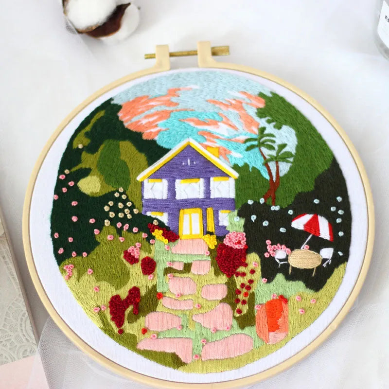 Handmade embroidery material package with architectural landscape courtyard pattern on cotton cloth, 20cm kit