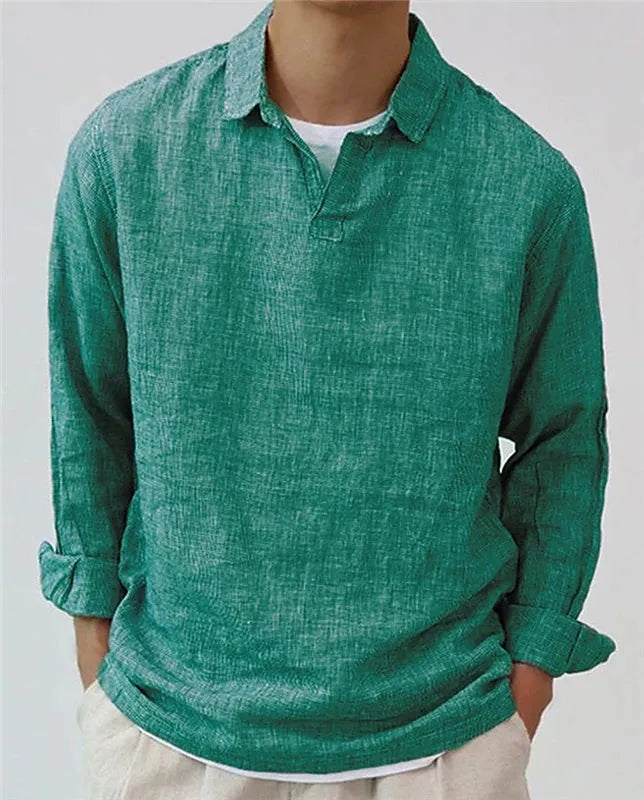 Men's solid colour long sleeve cotton blend pullover shirt with lapel collar, regular fit, available in dark green, gray, and rose red