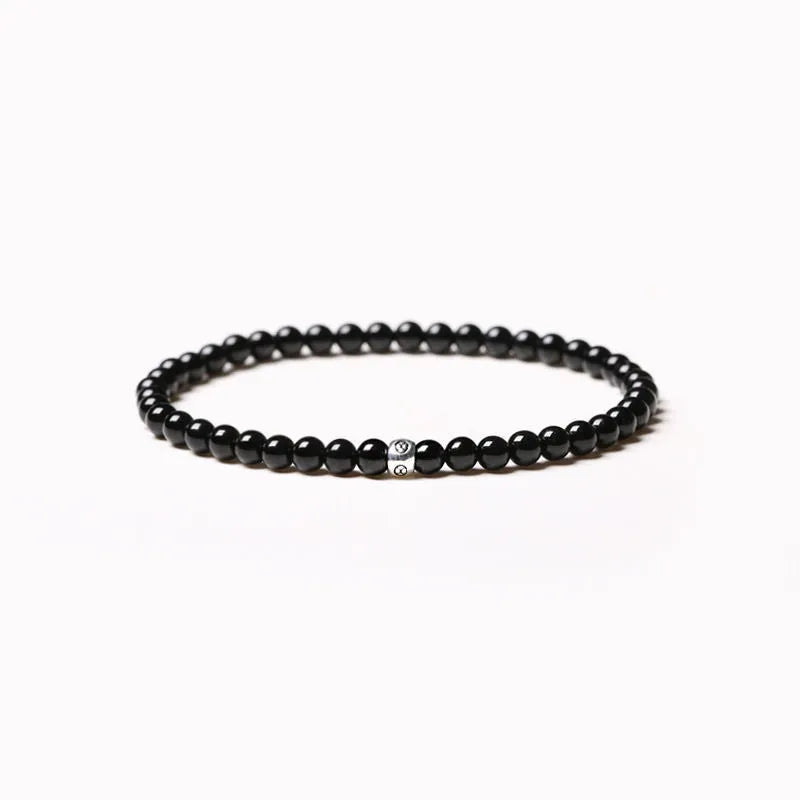 Geometric agate bracelet with obsidian, blue san, and black agate 4mm beads in electroplated finish